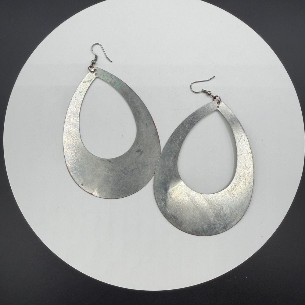 Silver Tone Oversized Teardrop Dangle Earrings Boho Statement Fishhook Pierced